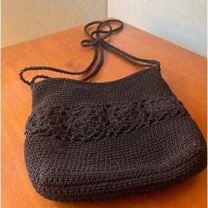 Crocheted shoulder bucket bag. Great shape no snags no tears no stains.